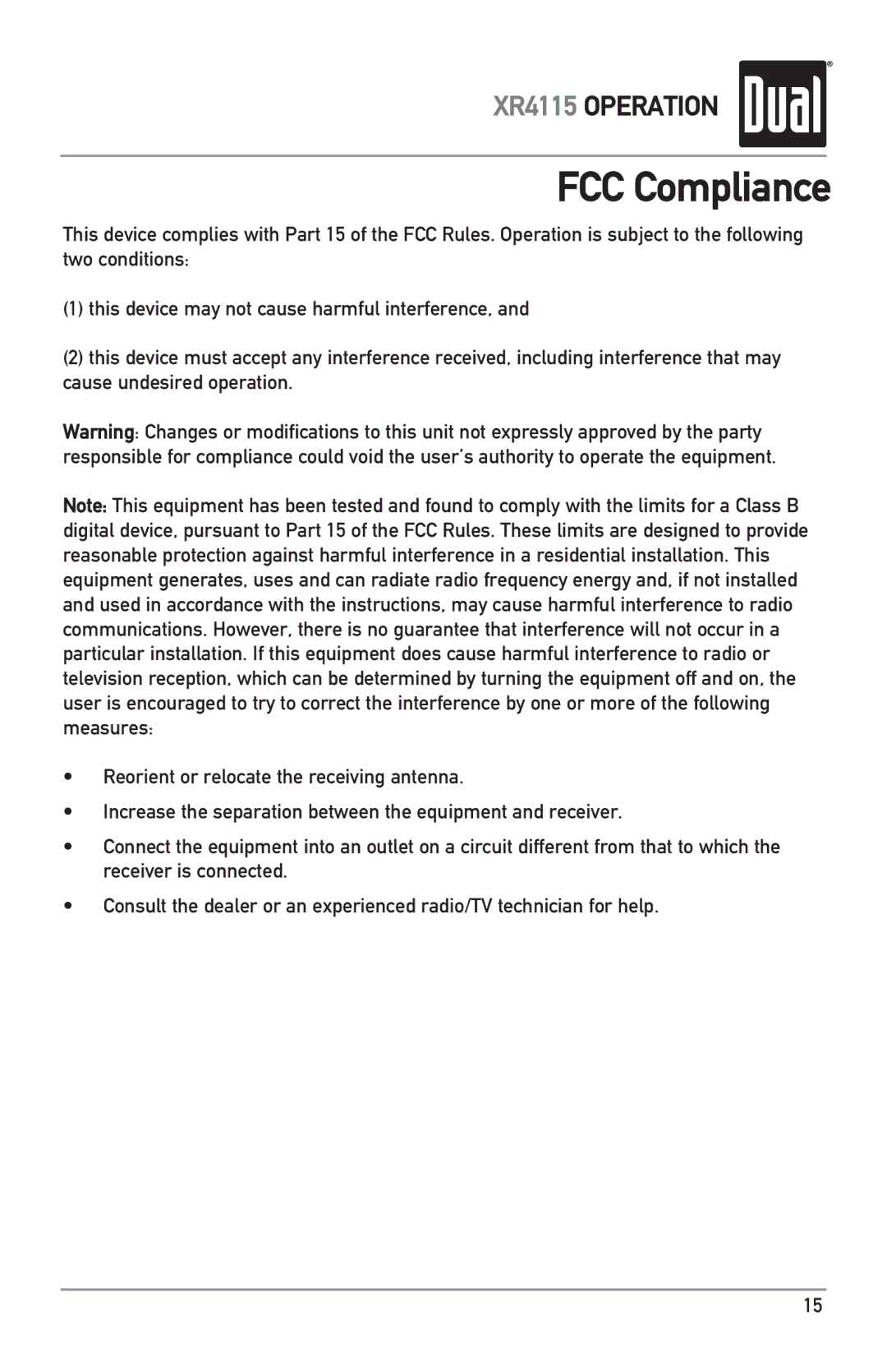 Dual XR4115 owner manual FCC Compliance 