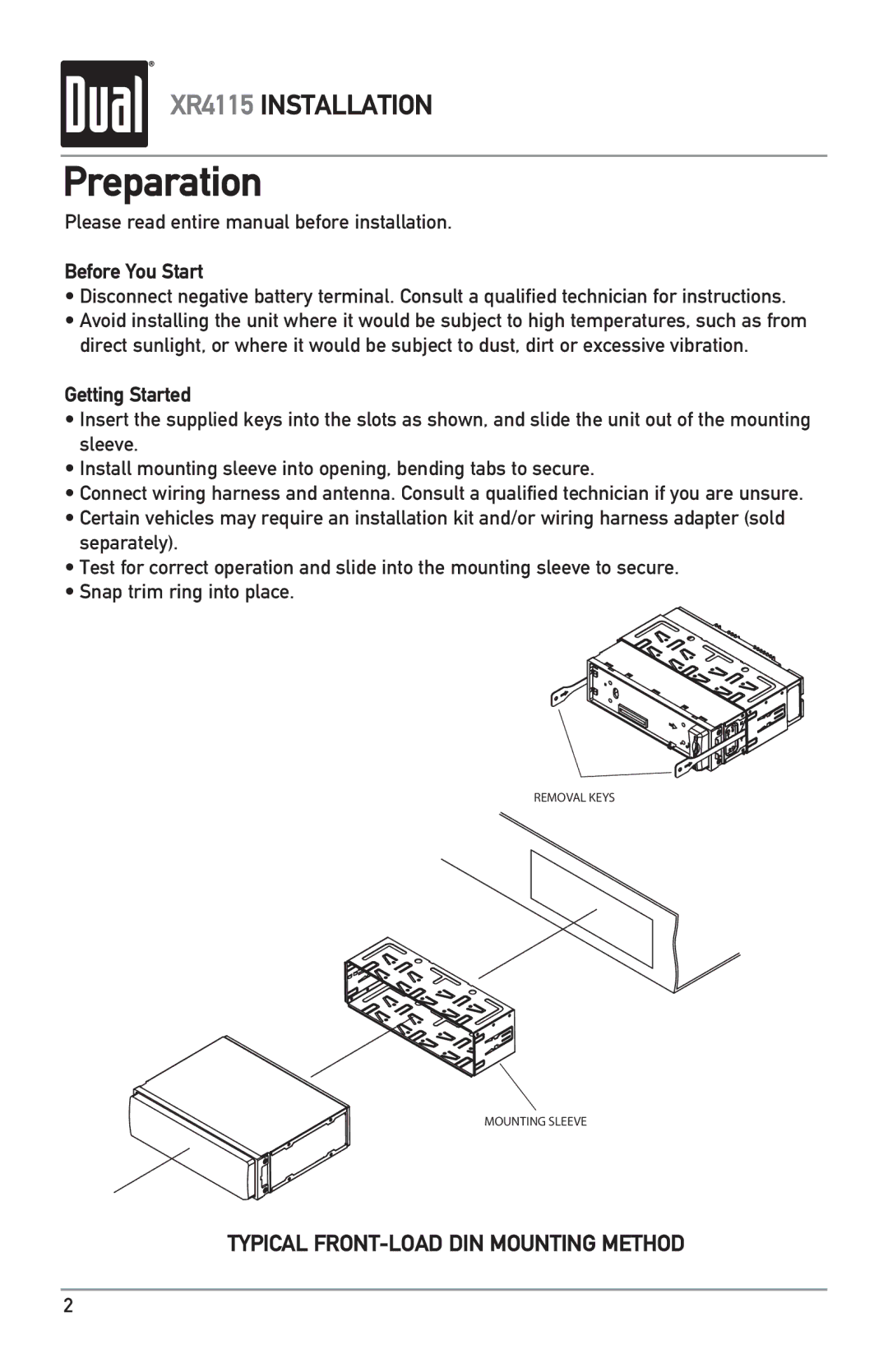 Dual XR4115 owner manual Preparation, Please read entire manual before installation, Before You Start, Getting Started 