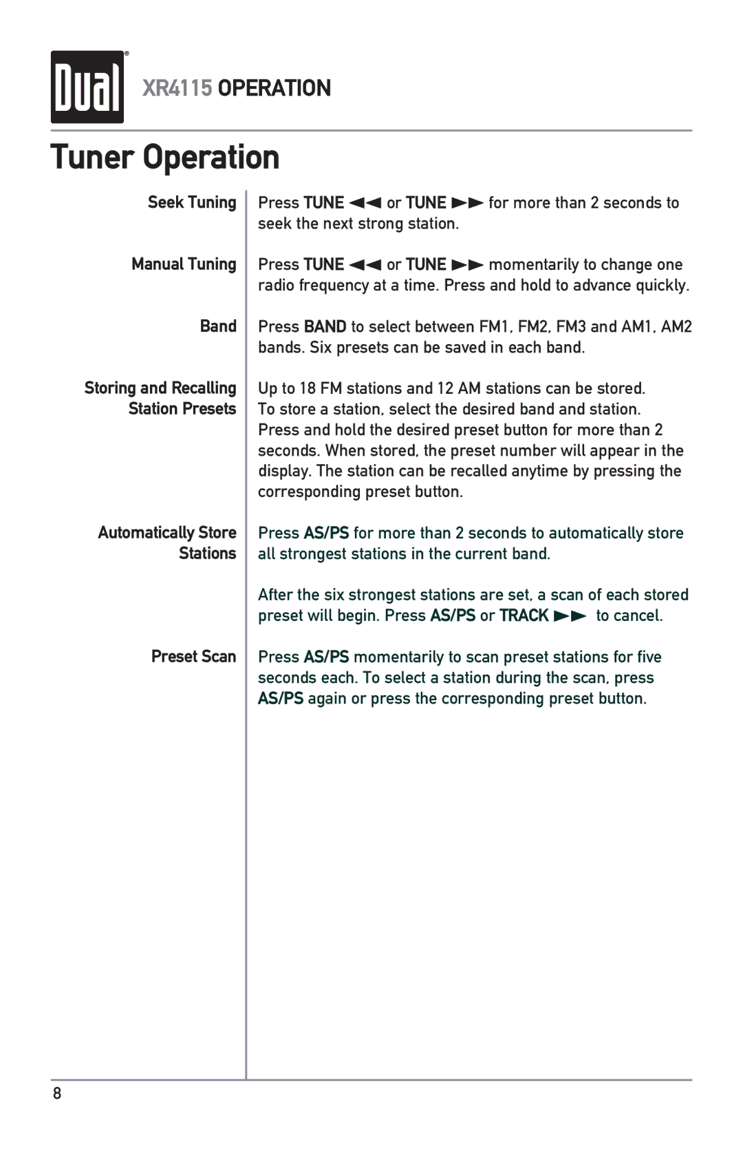 Dual XR4115 owner manual Tuner Operation, Seek Tuning Manual Tuning Band, Preset Scan 