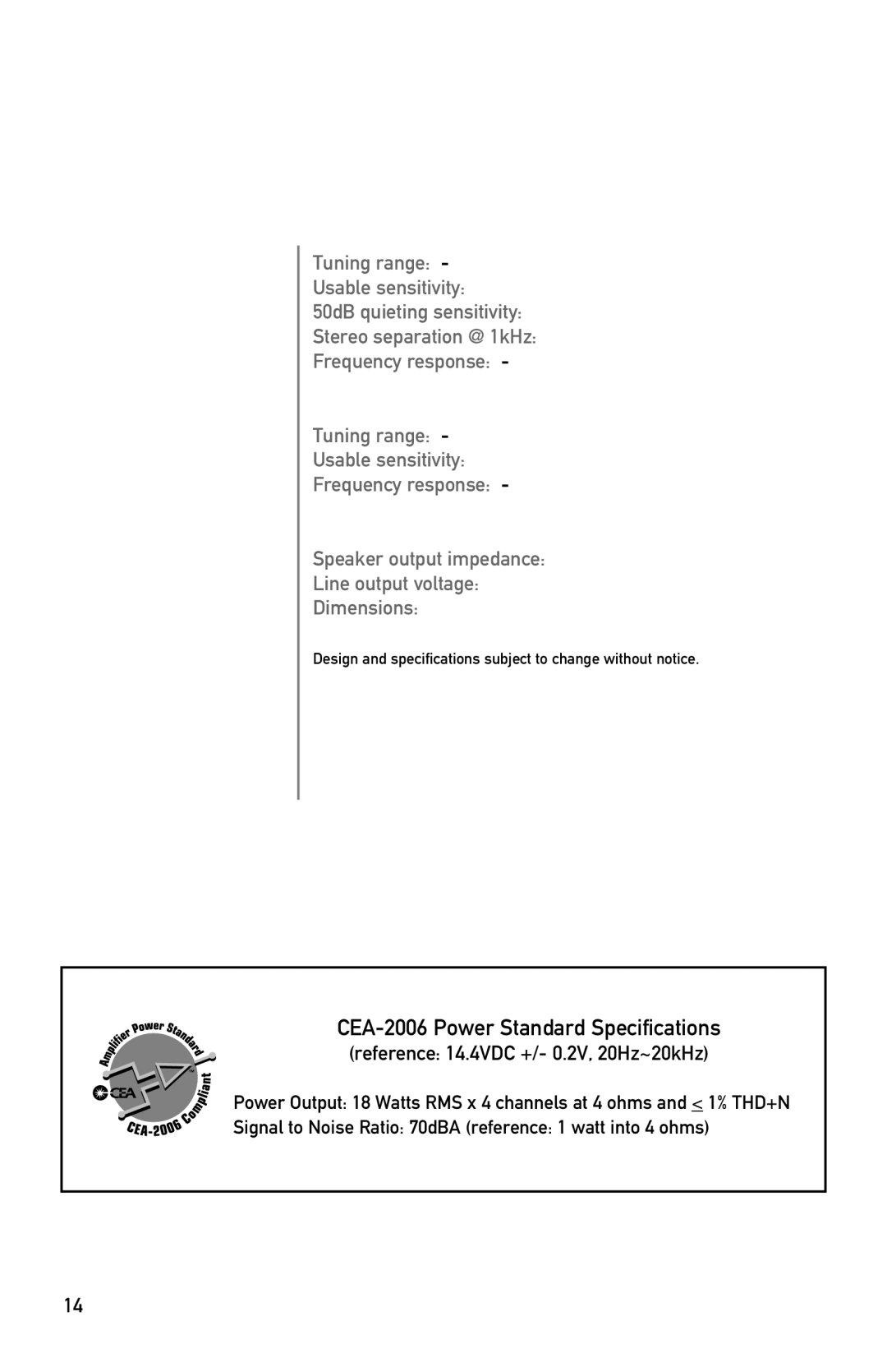 Dual XR4120 owner manual Specifications, FM Tuner AM Tuner General Tuning range 87.5MHz-107.9MHz 