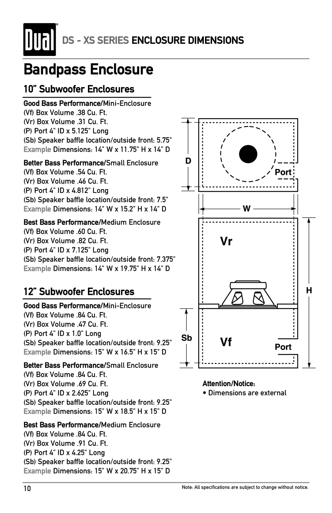 Dual DS12, XS10, DS10 owner manual Bandpass Enclosure 