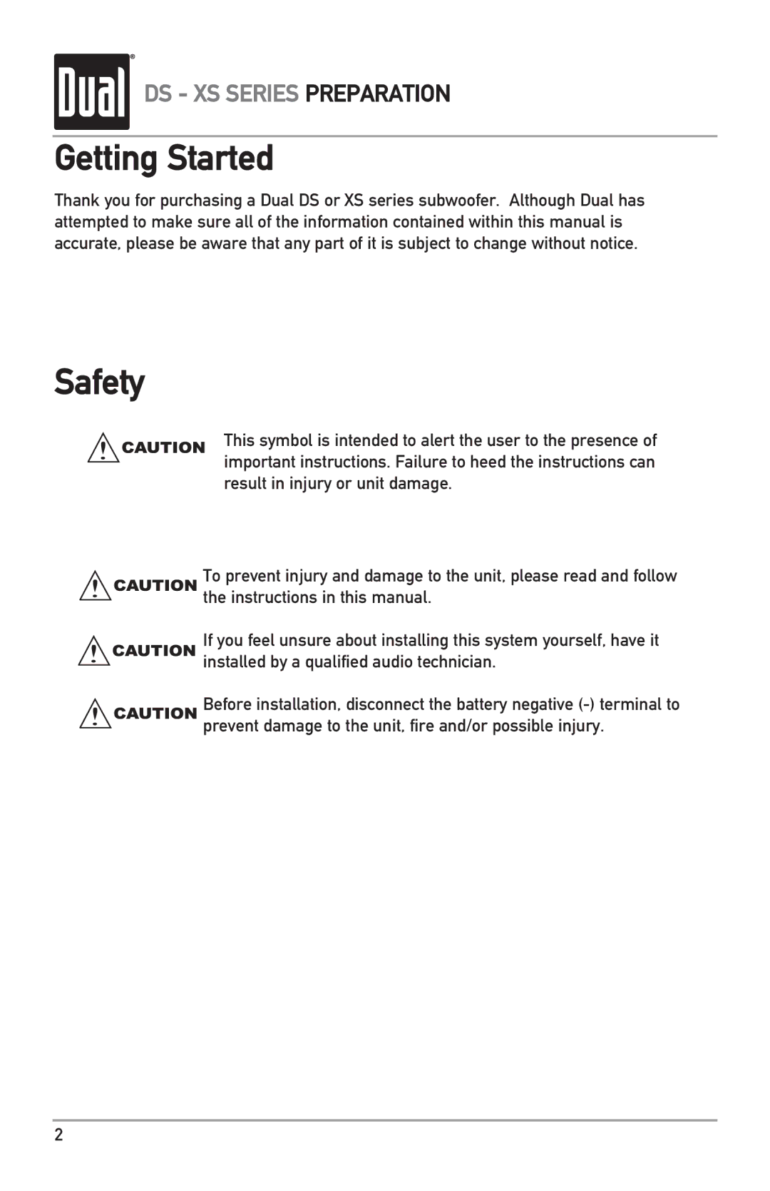 Dual DS10, XS10, DS12 owner manual Getting Started, Safety 