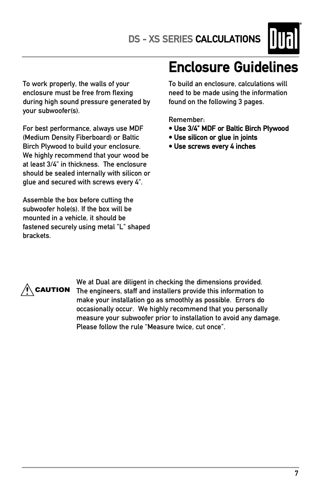 Dual DS12, XS10, DS10 owner manual DS XS Series Calculations 