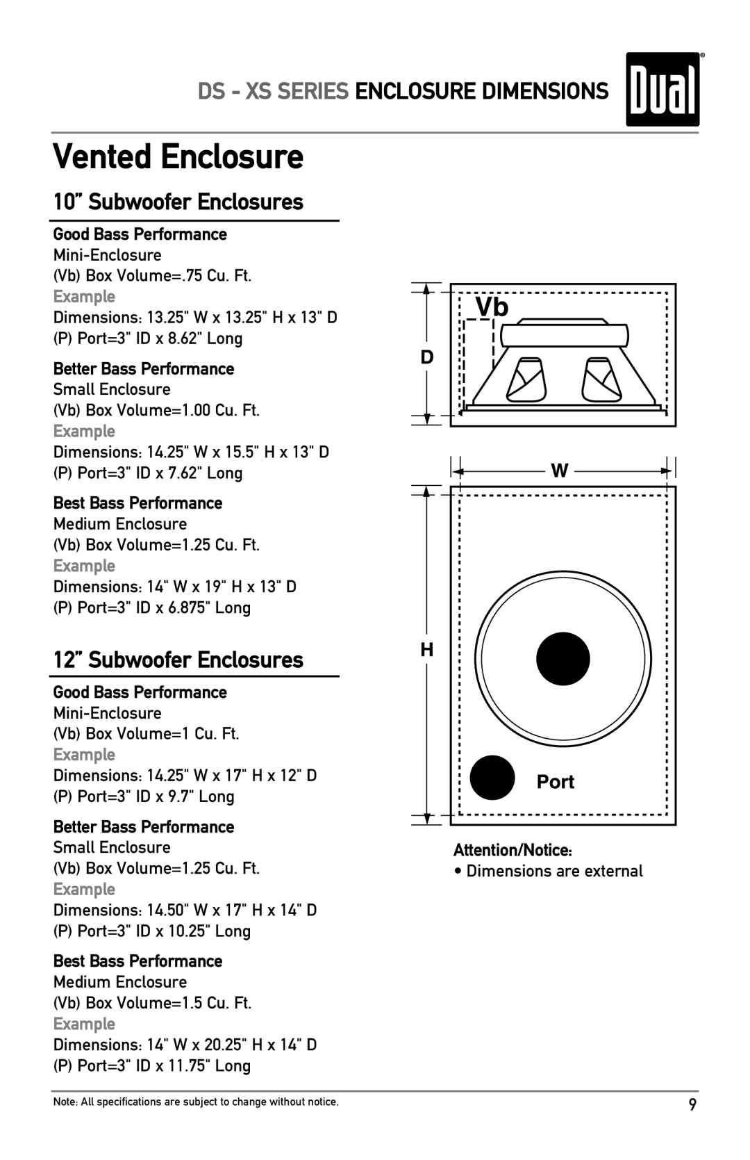 Dual XS10, DS12, DS10 owner manual Vented Enclosure 