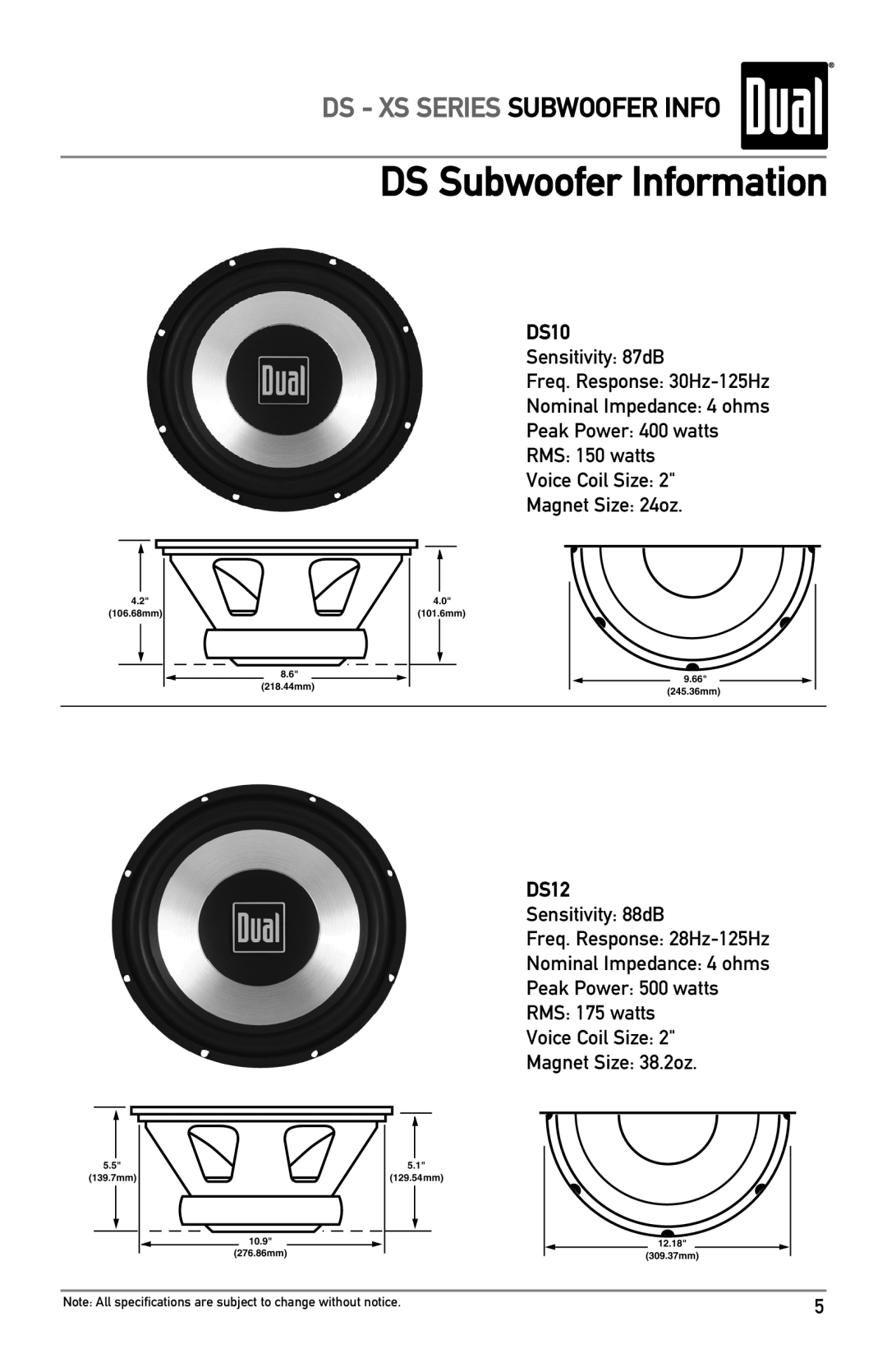 Dual DS10, XS10 owner manual DS Subwoofer Information, DS12, Ds - Xs Series Subwoofer Info 