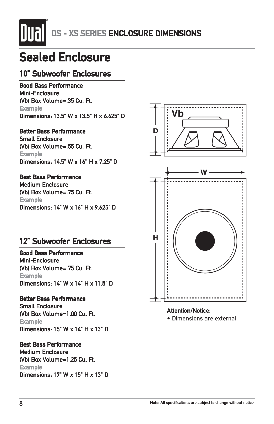 Dual DS10, XS10 Sealed Enclosure, Ds - Xs Series Enclosure Dimensions, 10” Subwoofer Enclosures, 12” Subwoofer Enclosures 