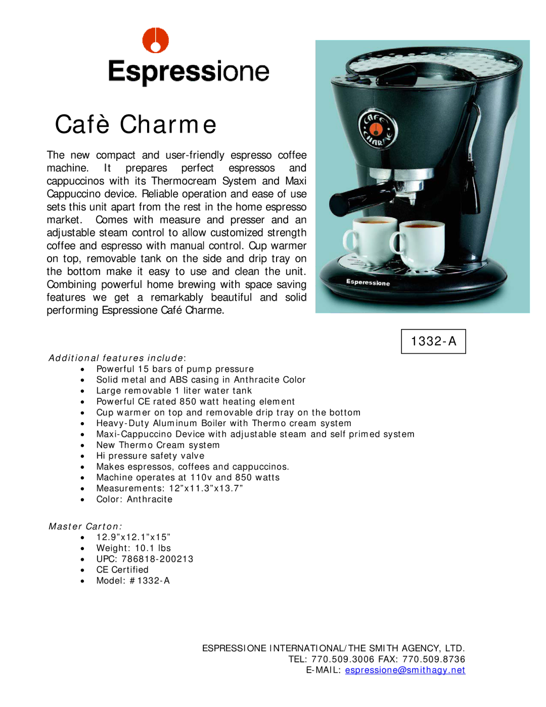 Dualit 1332-A manual Cafè Charme, Additional features include, Master Carton 