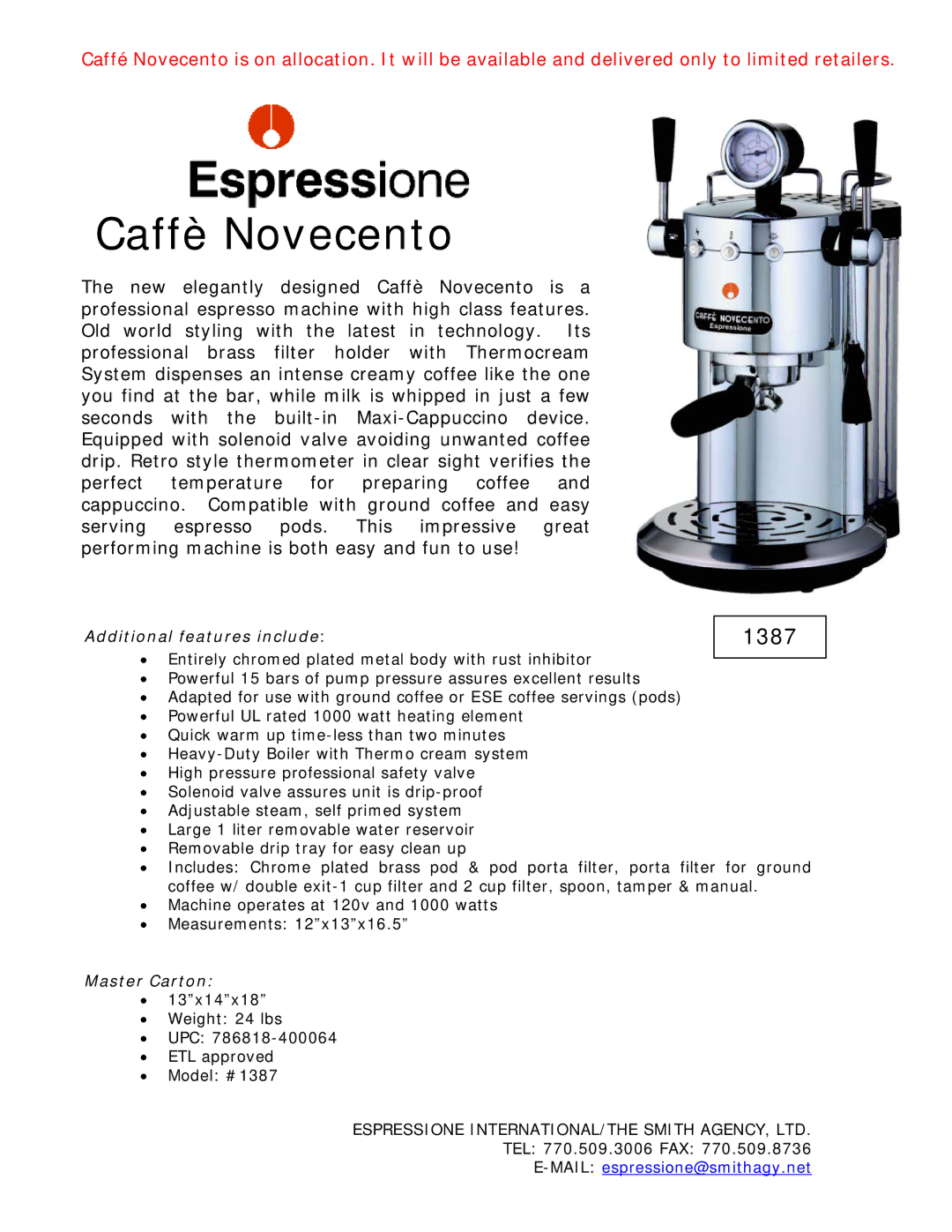 Dualit 1387 manual Caffè Novecento, Additional features include, Master Carton 