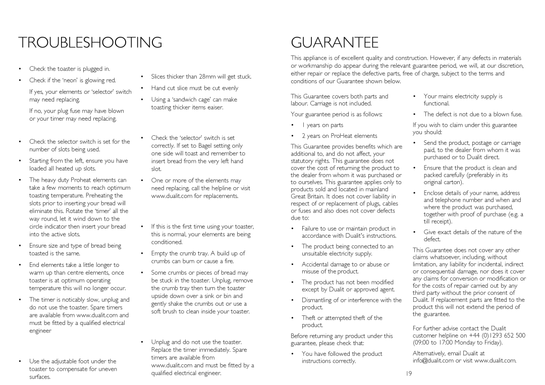 Dualit 20293 instruction manual TROuBLEShOOTING GuARANTEE 