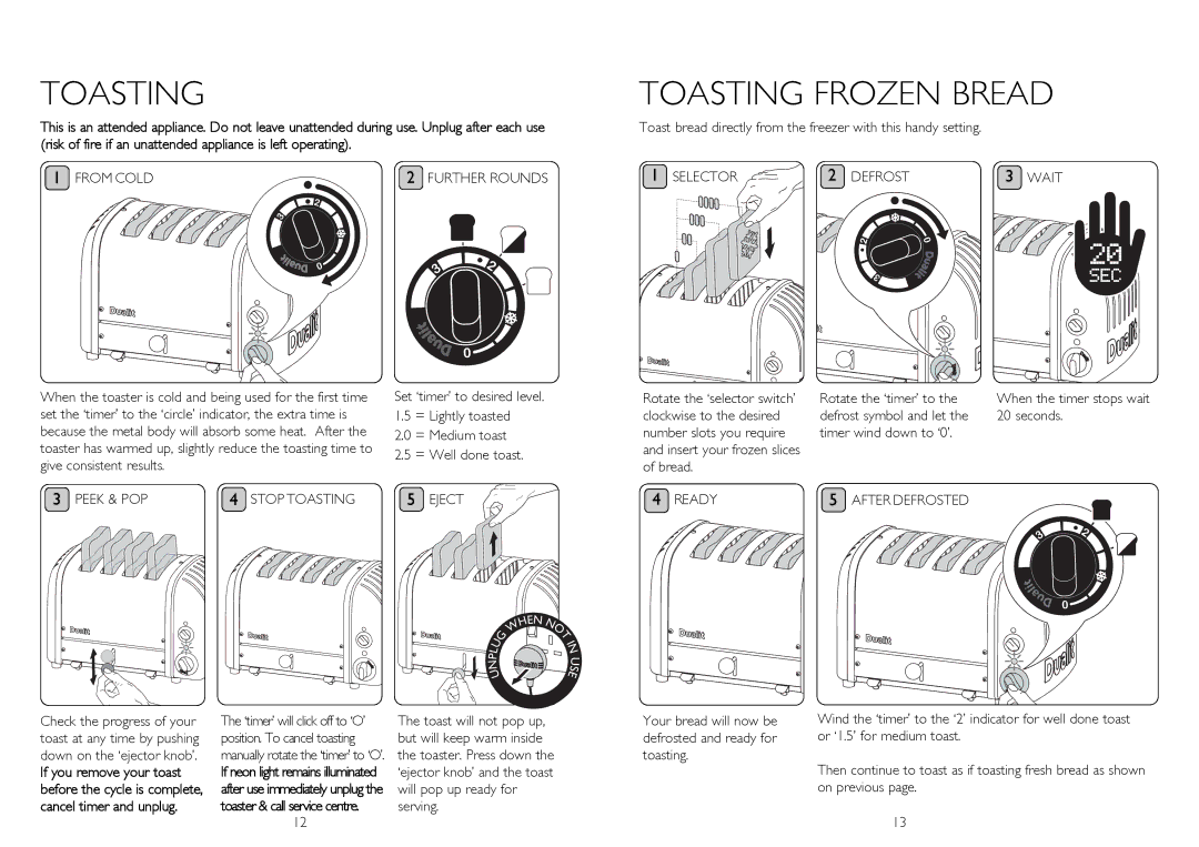 Dualit 20293 instruction manual From Cold, Selector Defrost Wait, Ready, If you remove your toast, Cancel timer and unplug 