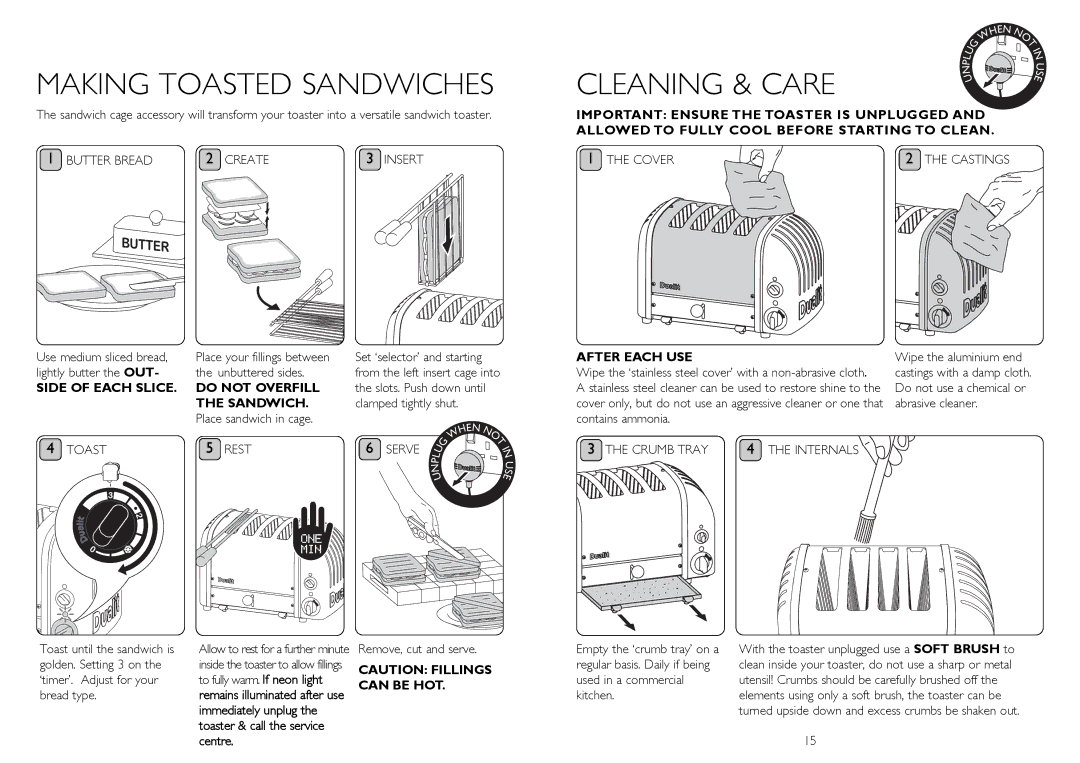 Dualit 20293 instruction manual Making Toasted SANDWIChES, Create Insert, SANDwICH, Toast Rest 