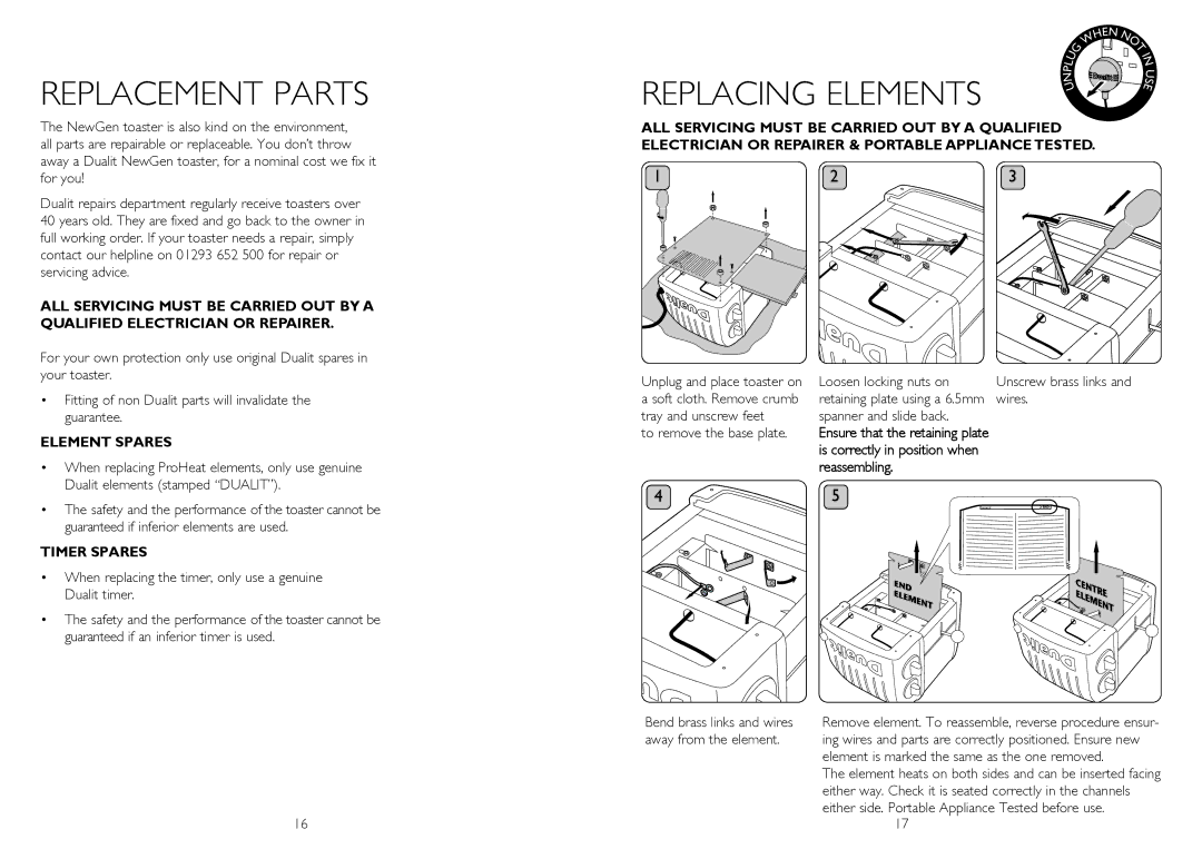 Dualit 20293 instruction manual REpLACEMENT pARTS, Reassembling 