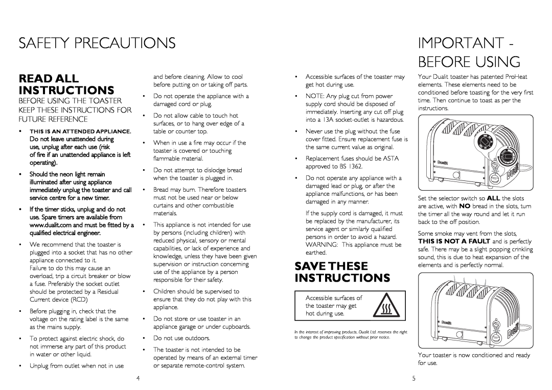 Dualit 20293 SAFETY pRECAuTIONS, IMpORTANT - BEFORE uSING, Read All Instructions, Save These Instructions 