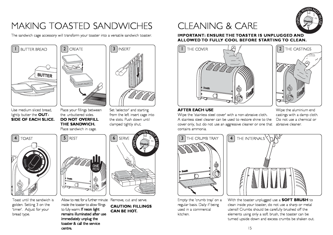 Dualit 20293 MAKING TOASTED SANDWIChES, Cleaning & Care, ImPORTANT ENSURE THE TOASTER IS UNPLUggED AND, ThE COvER, SERvE 