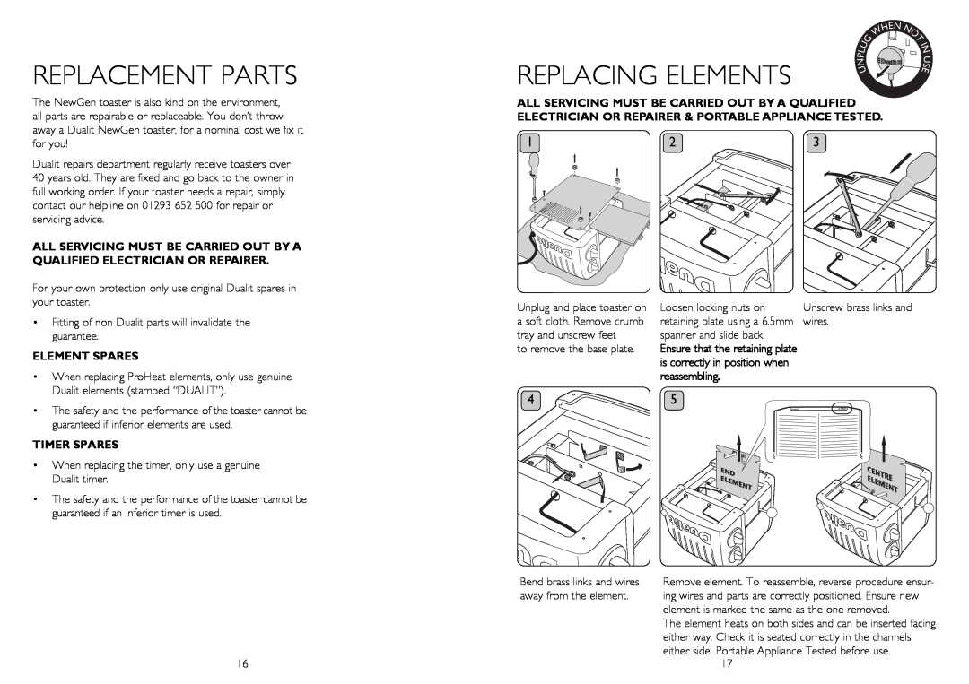 Dualit 20293 instruction manual REpLACEMENT pARTS, REpLACING ELEMENTS, Element Spares, reassembling, Timer Spares 