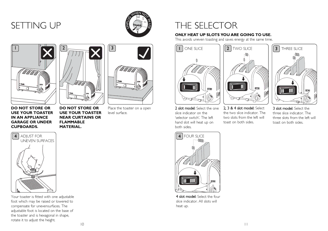 Dualit 3 SLOT, 4 SLOT, 2 SLOT Setting up Selector, ThREE Slice, Level surface, FOuR Slice, Rotate it to adjust the height 