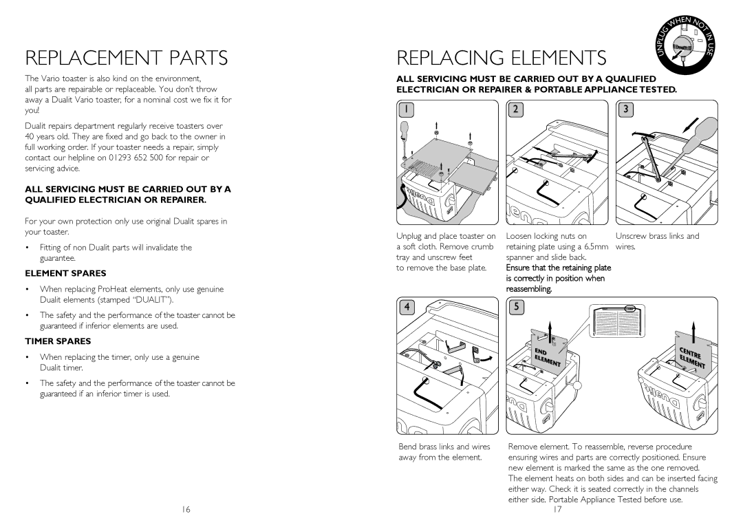 Dualit 3 SLOT, 4 SLOT, 2 SLOT instruction manual REpLACEMENT pARTS, Reassembling 