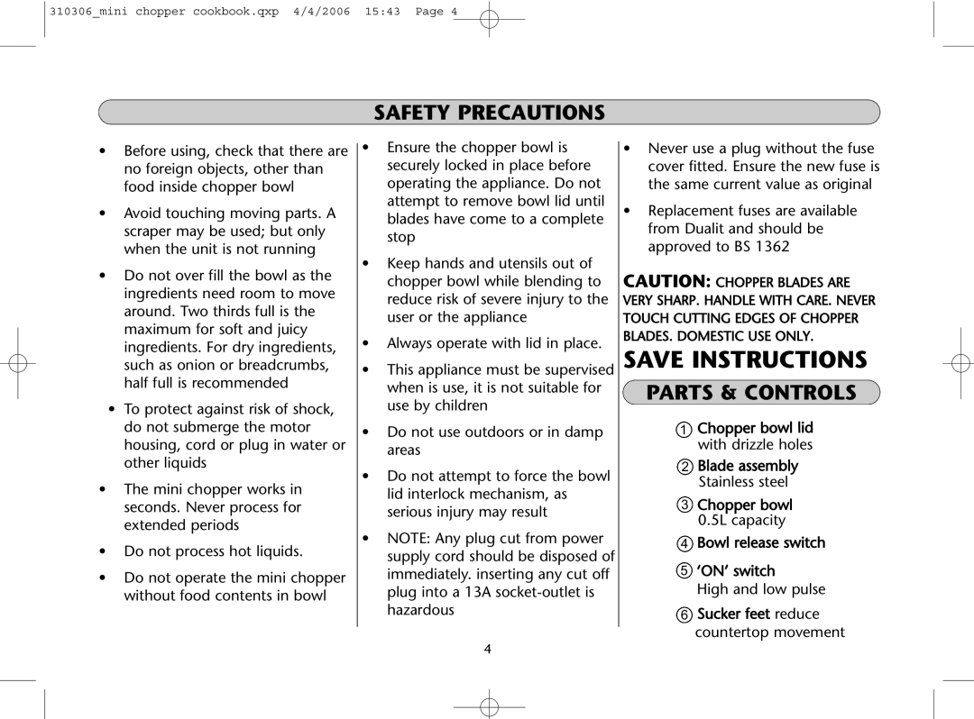 Dualit 310306 instruction manual Save Instructions, Parts & Controls 