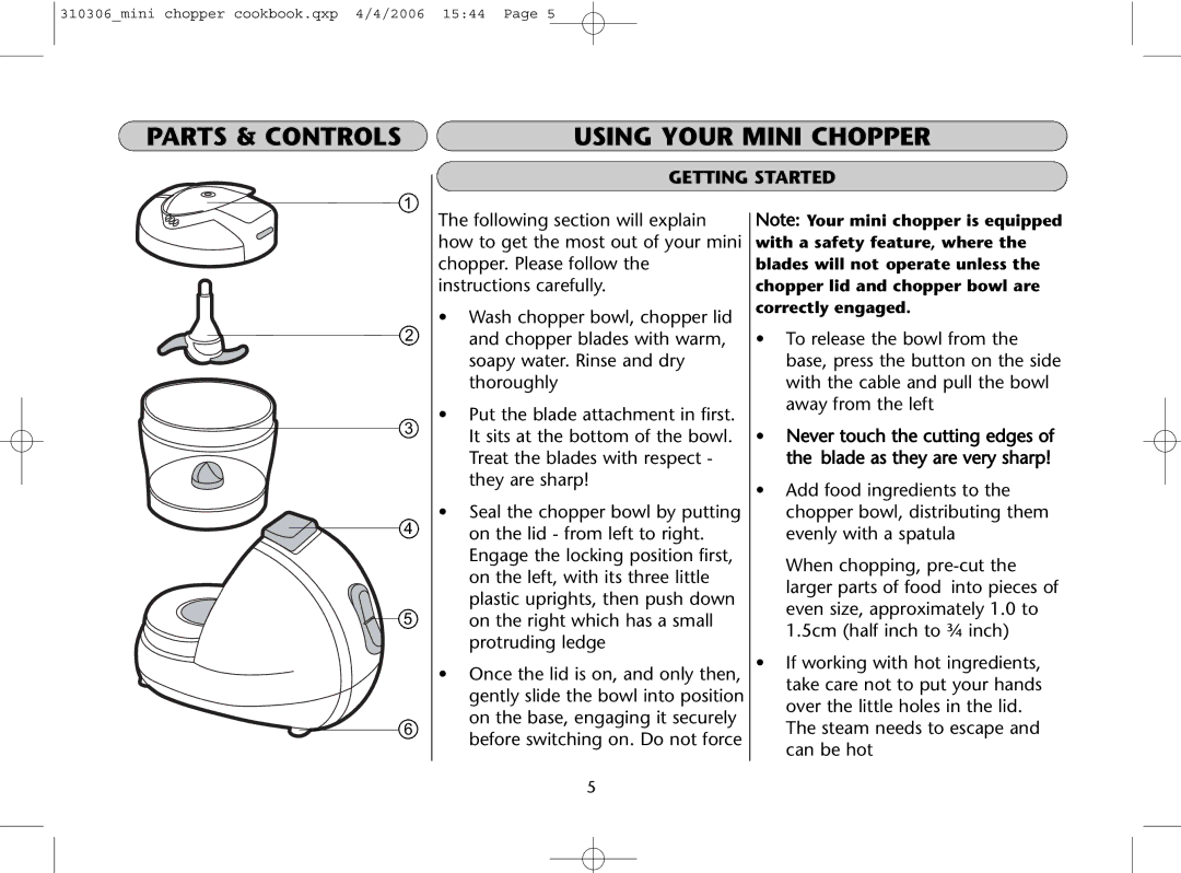 Dualit 310306 instruction manual Parts & Controls Using Your Mini Chopper, Getting Started 