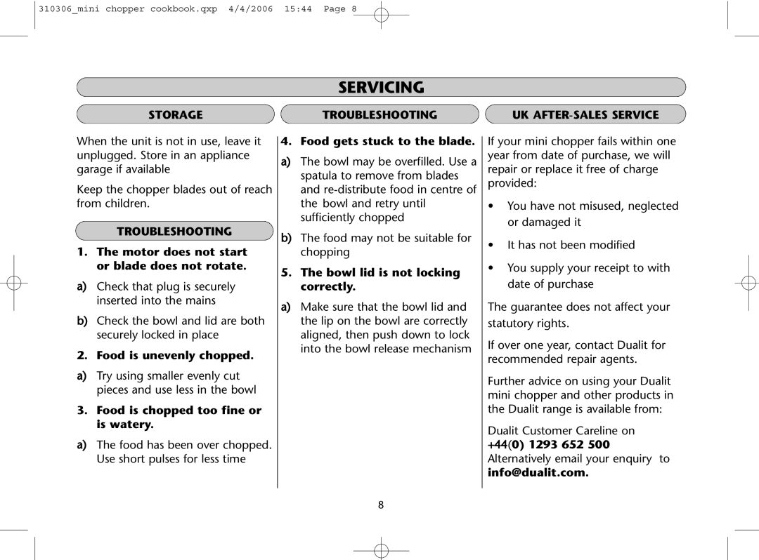 Dualit 310306 instruction manual Servicing, Storagetroubleshooting UK AFTER-SALES Service, Troubleshooting 