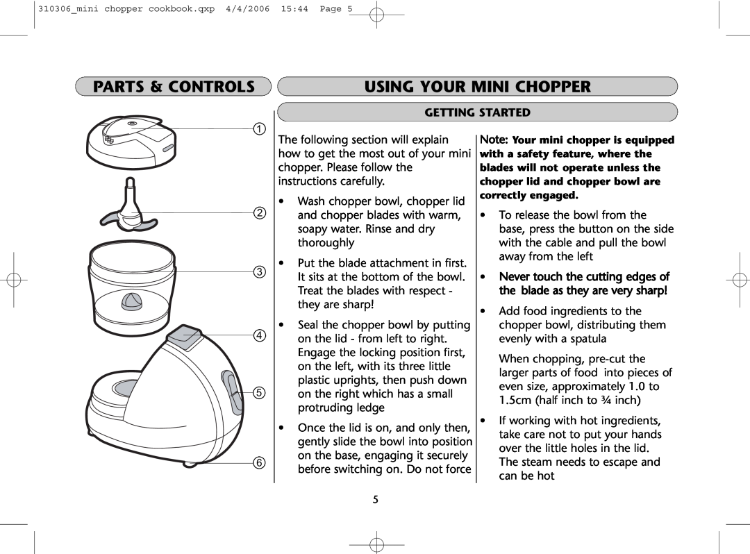 Dualit 310306 instruction manual Using Your Mini Chopper, Parts & Controls, Getting Started 