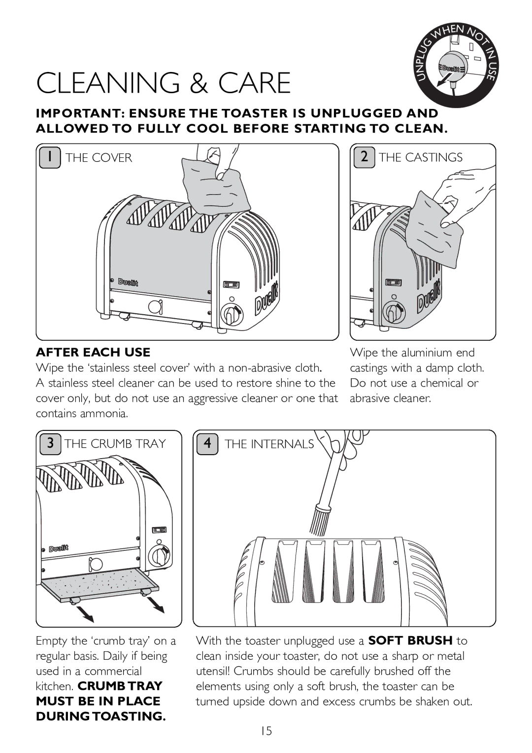 Dualit 40417, 47168, 47169, 47171, 47165, 40483, 47166, 40421, 40415, 27166 Cleaning & Care, Cover Castings, Crumb Tray Internals 