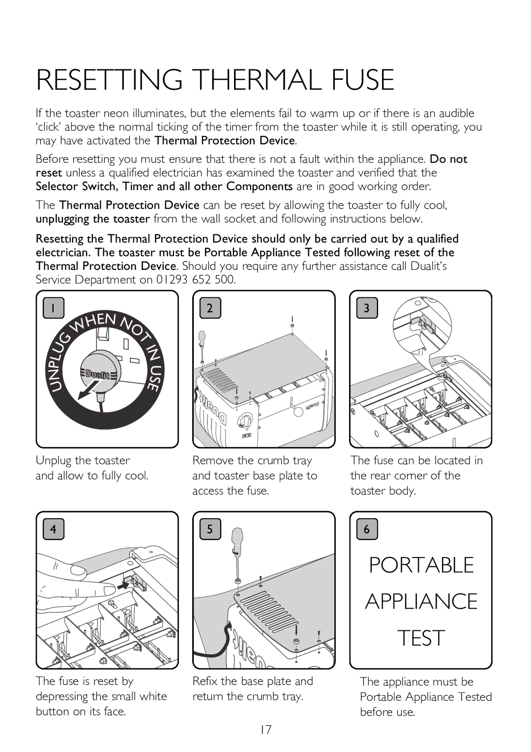 Dualit 20294, 47168, 47169, 47171, 47165, 40483, 47166, 40421, 40415, 27166 Resetting ThERMAL Fuse, Button on its face Before use 