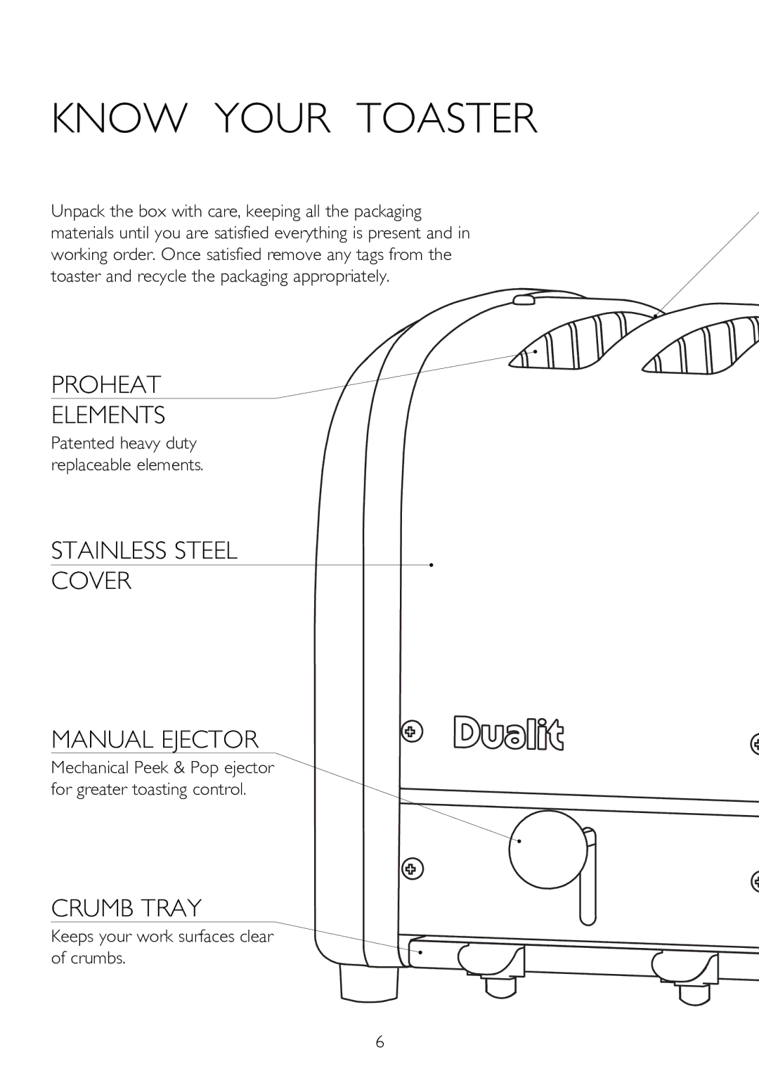 Dualit 40421, 47168, 47169, 47171, 47165, 40483, 47166, 40415, 27166 Know Your Toaster, Keeps your work surfaces clear of crumbs 