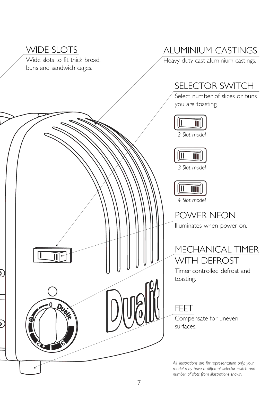 Dualit 40415, 47168, 47169, 47171, 47165 Heavy duty cast aluminium castings, Select number of slices or buns you are toasting 