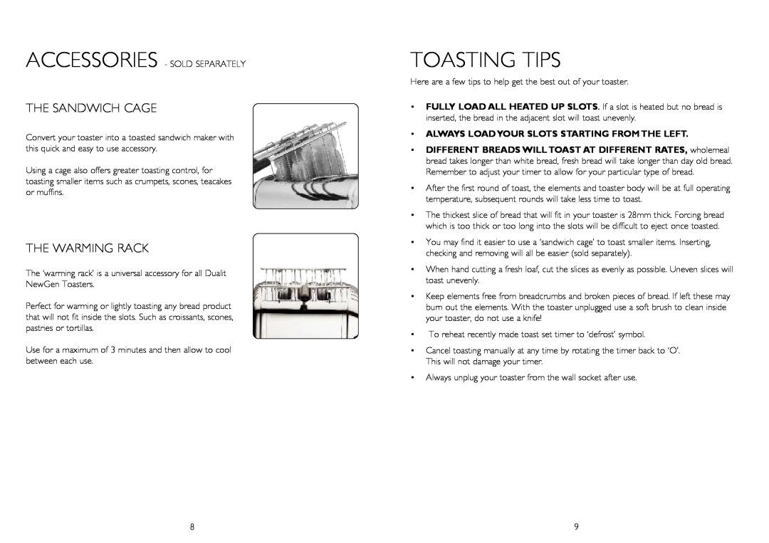 Dualit AWS Toaster instruction manual TOASTING TIpS, ThE SANDWICh CAGE, ThE WARMING RACK 
