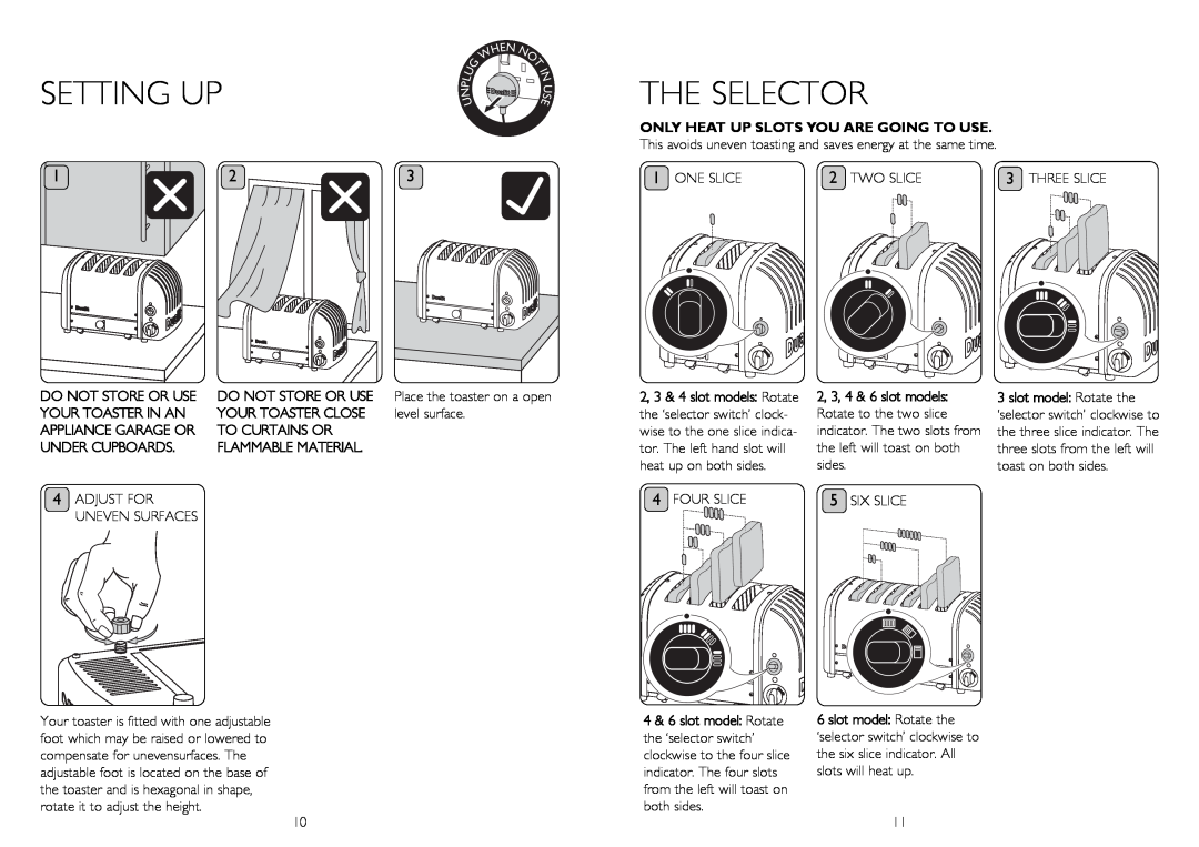 Dualit AWS Toaster instruction manual SETTING up, ThE SELECTOR, 2, 3, 4 & 6 slot models 