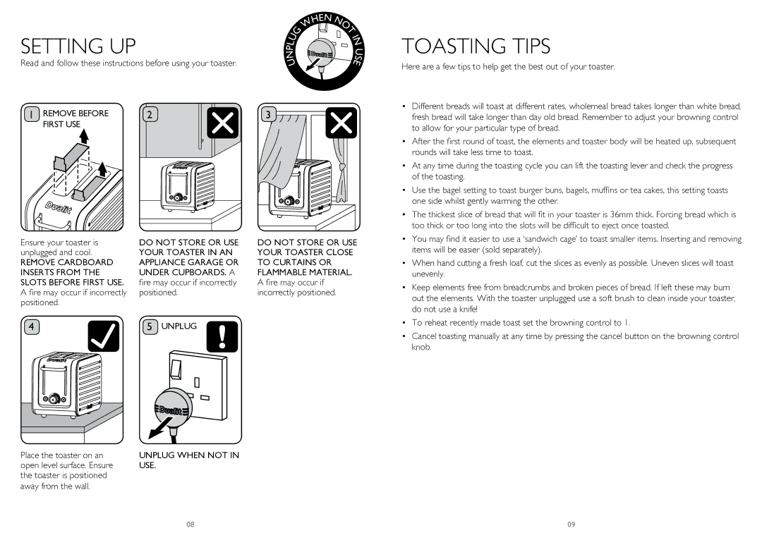 Dualit CAT2, CAT4 instruction manual Toasting Tips, Remove Before First USE, Unplug 