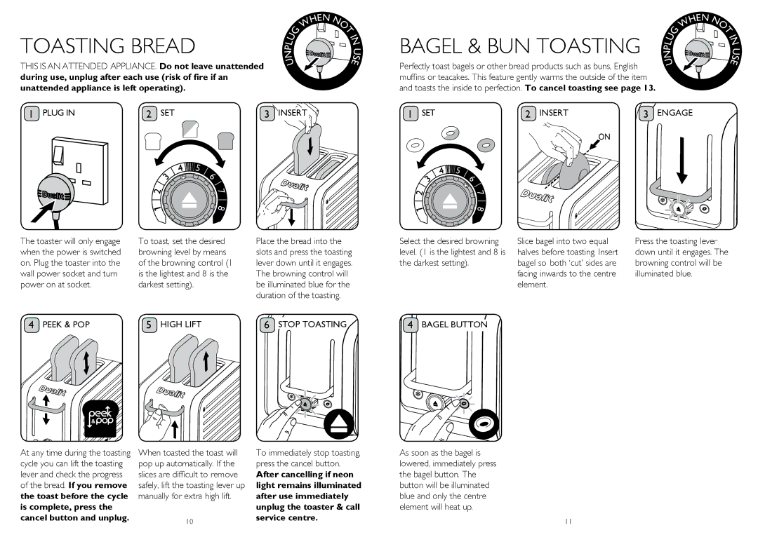 Dualit CAT4 Toasting Bread, Bagel & BUN Toasting, Plug SET Insert Engage, Peek & POP High Lift Stop Toasting Bagel Button 