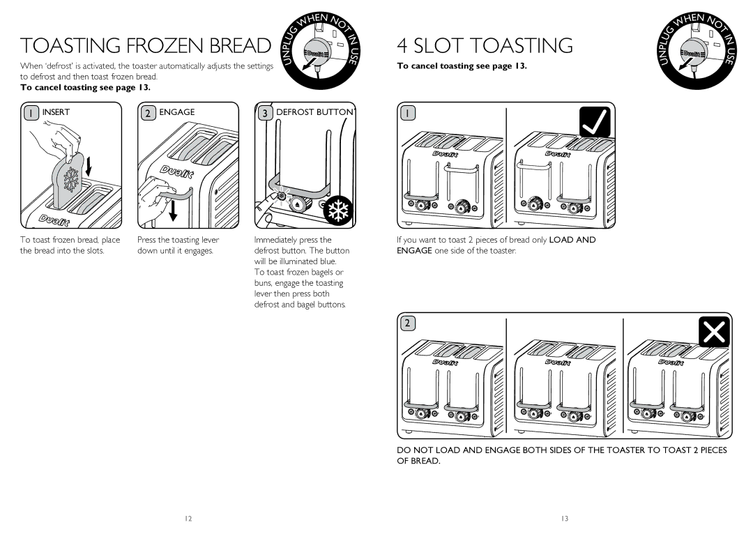 Dualit CAT2, CAT4 instruction manual Slot Toasting, Insert Engage Defrost Button 