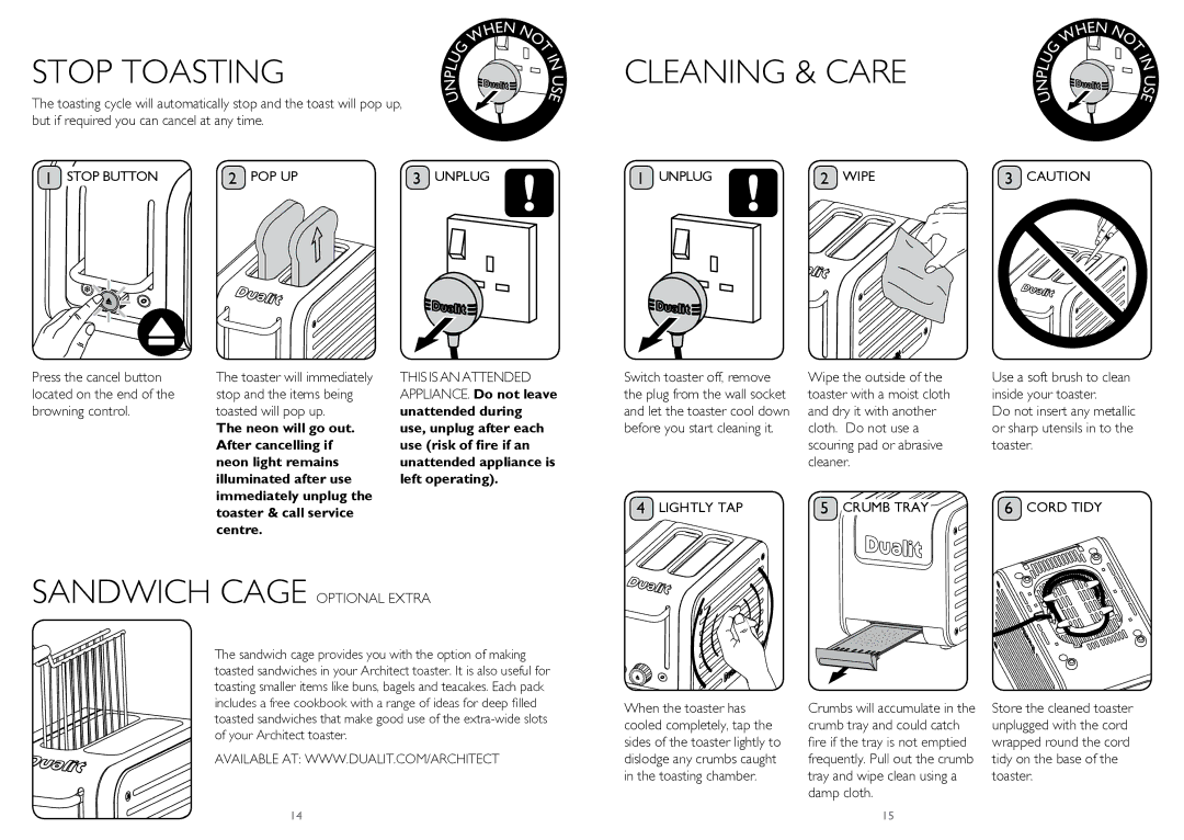 Dualit CAT4, CAT2 Stop Toasting, Cleaning & Care, Sandwich Cage Optional Extra, Stop Button POP UP Unplug Wipe 