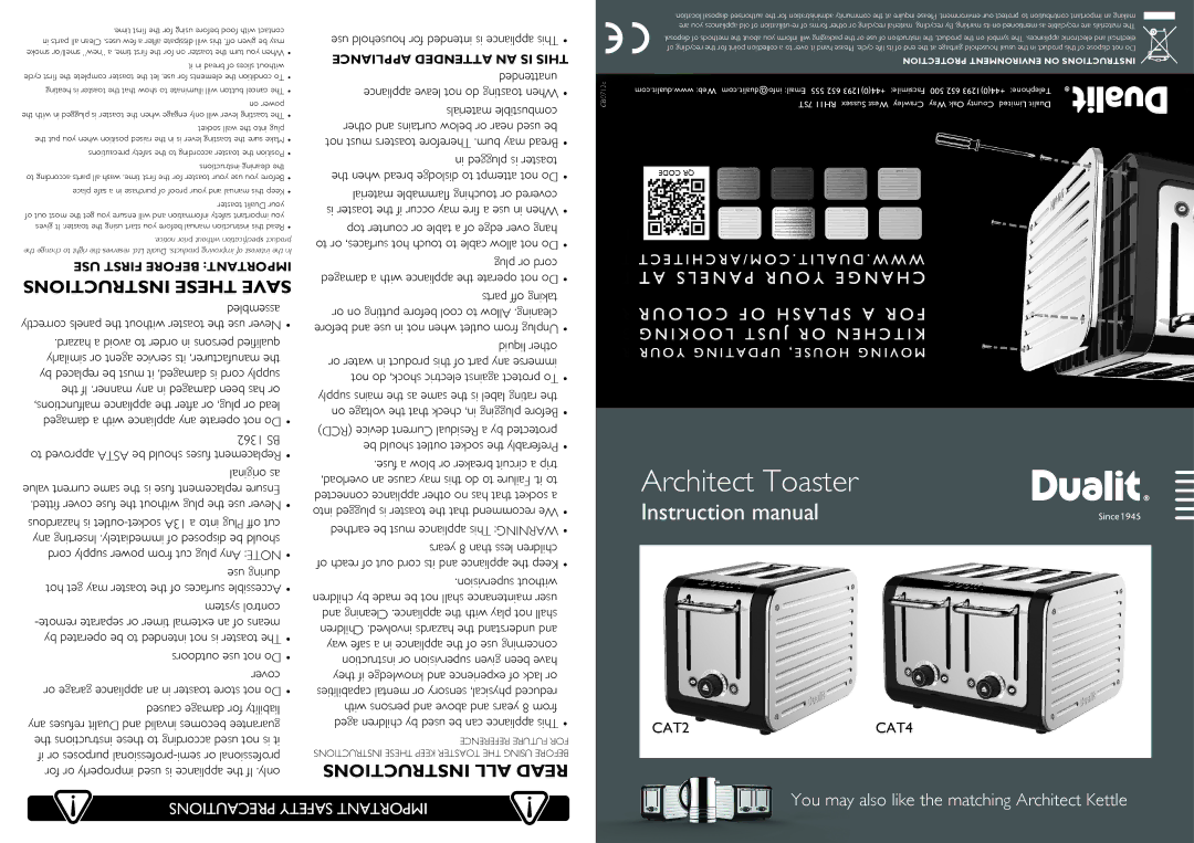 Dualit CAT2, CAT4 instruction manual Precautions Safety Important, Use household for intended is appliance This 