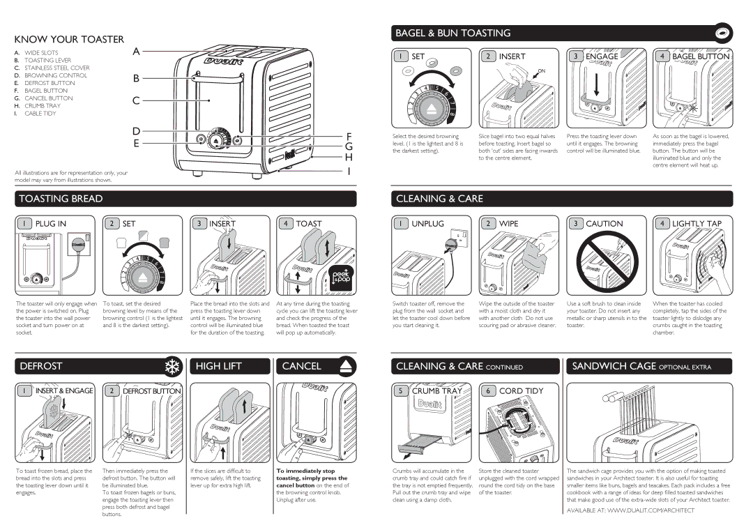 Dualit CAT4 Toasting Bread Bagel & BUN Toasting, Cleaning & Care, Defrost, High Lift, Cancel, Sandwich Cage Optional Extra 