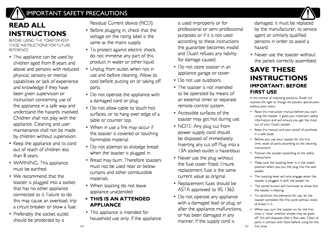 Dualit CAT2 Read All Instructions, Save These Instructions, Important Safety Precautions, This Is An Attended Appliance 