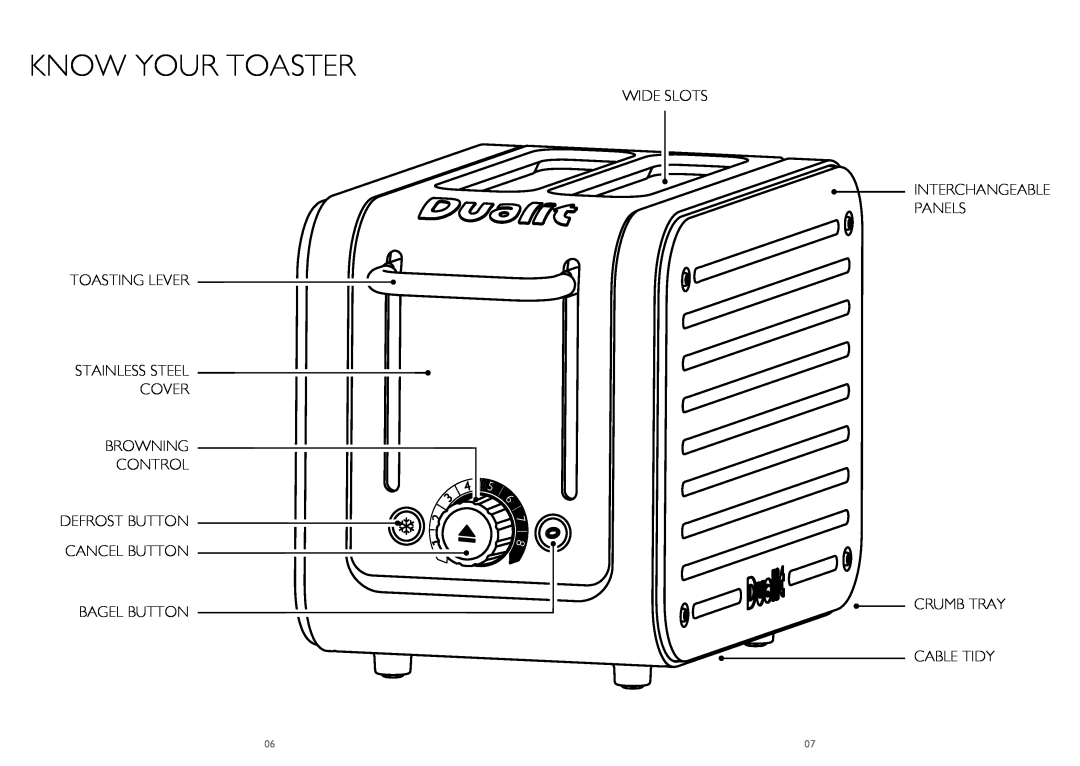 Dualit CAT4 Know Your Toaster, Wide Slots Toasting Lever Stainless Steel Cover Browning Control, Crumb Tray Cable Tidy 