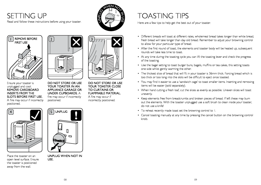 Dualit CAT2, CAT4 instruction manual Toasting Tips, Setting Up, Read and follow these instructions before using your toaster 
