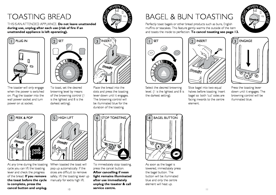 Dualit CAT4, CAT2 instruction manual Toasting Bread, Bagel & Bun Toasting 