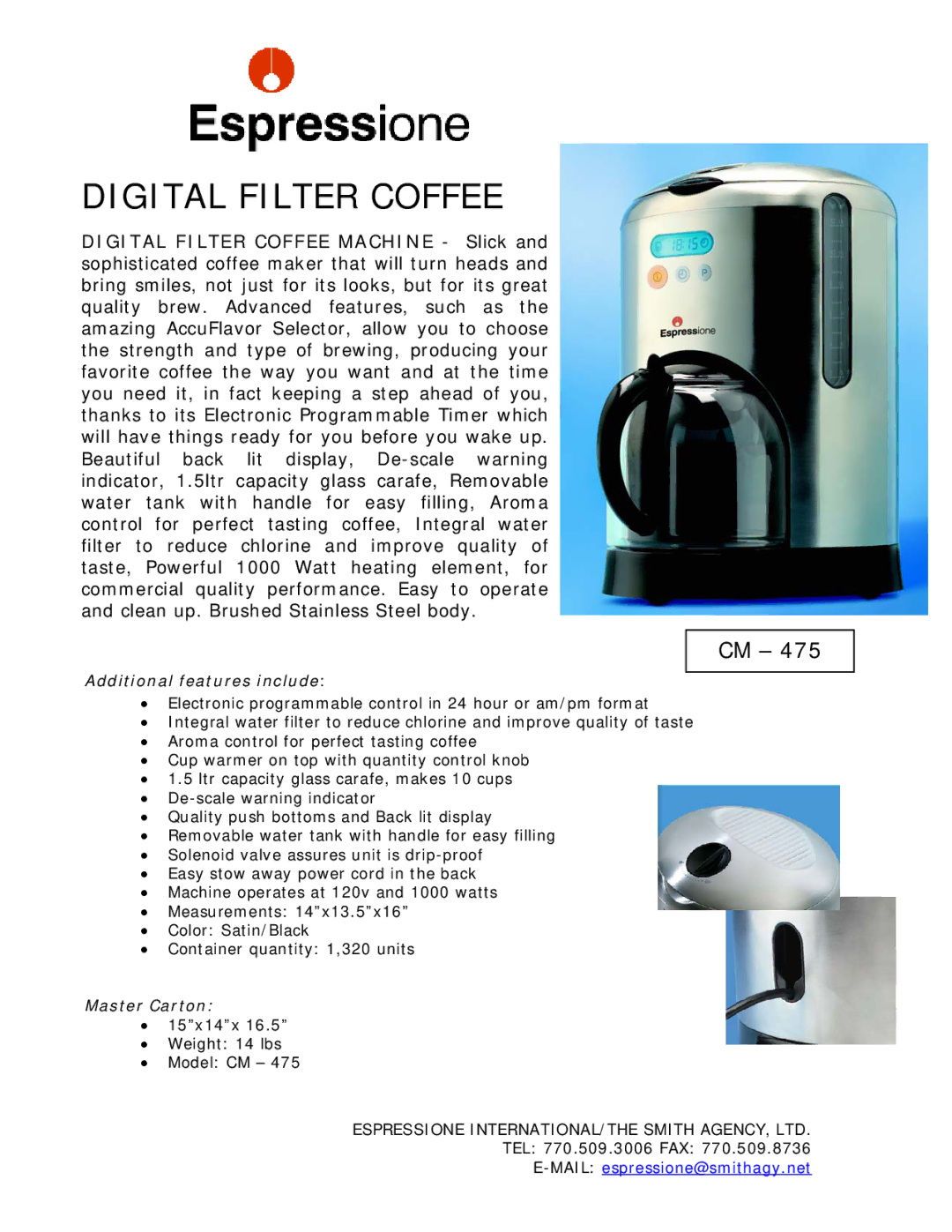 Dualit CM-475 manual Digital Filter Coffee, Additional features include, Master Carton 