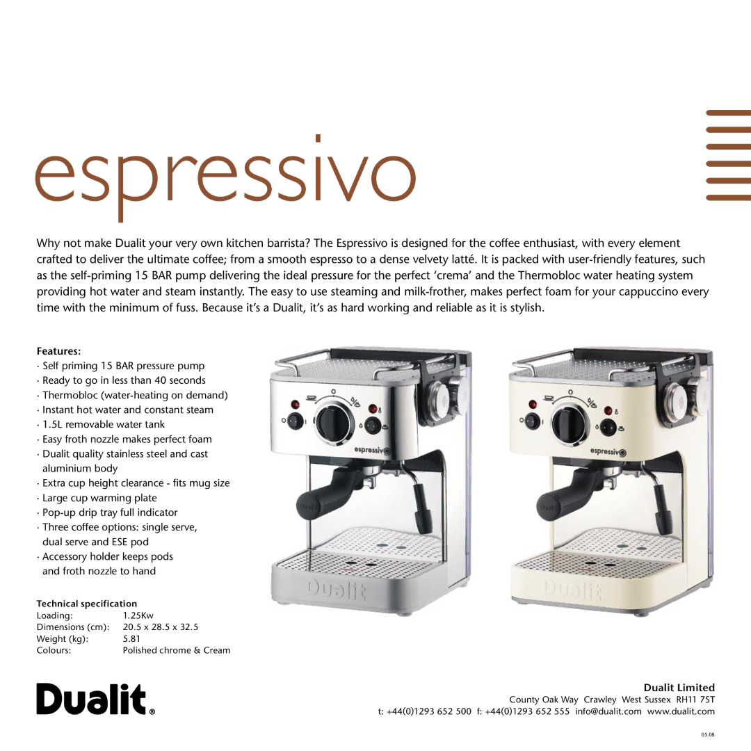 Dualit Coffee Machine manual Espressivo, · Accessory holder keeps pods and froth nozzle to hand 