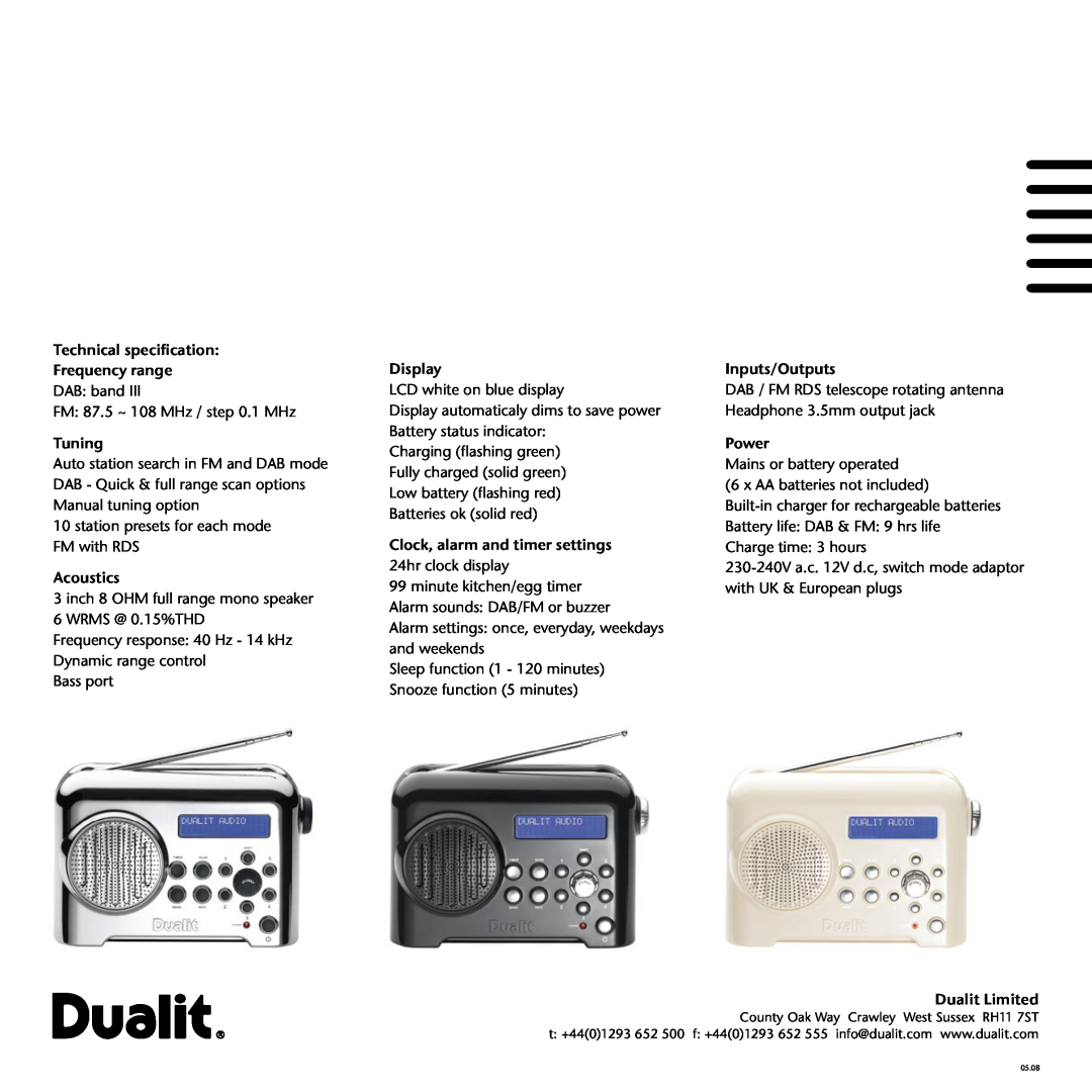 Dualit Dab dimensions Technical speciﬁcation Frequency range DAB band 
