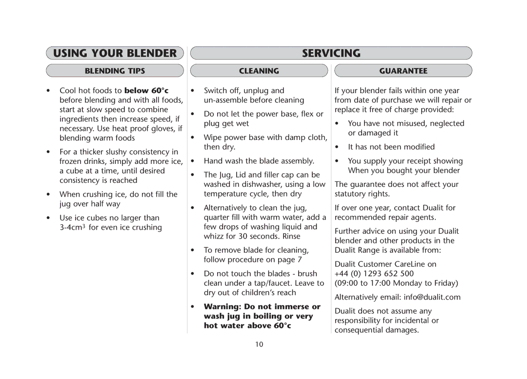 Dualit DBL3 manual Using Your Blender Servicing, Cleaning, Guarantee 