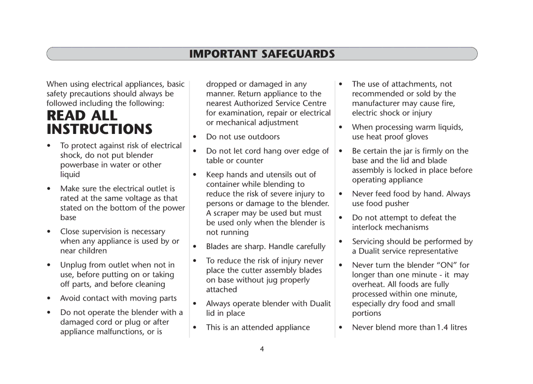 Dualit DBL3 manual Read ALL Instructions, Important Safeguards 