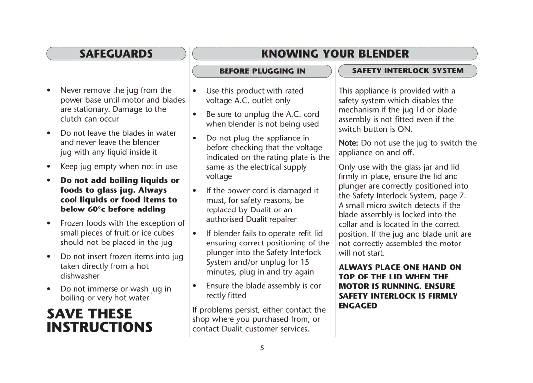 Dualit DBL3 manual Safeguards Knowing Your Blender, Before Plugging, Safety Interlock System 