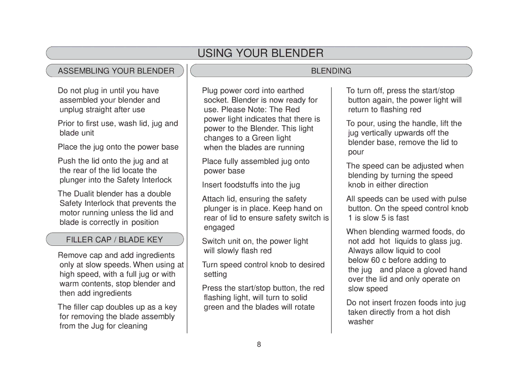 Dualit DBL3 manual Using Your Blender, Assembling Your Blender, Blending, Filler CAP / Blade KEY 