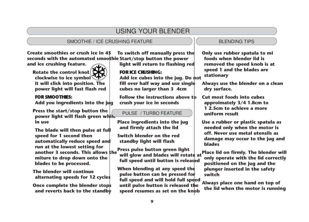 Dualit DBL3 manual Smoothie / ICE Crushing Feature Blending Tips, Pulse / Turbo Feature 