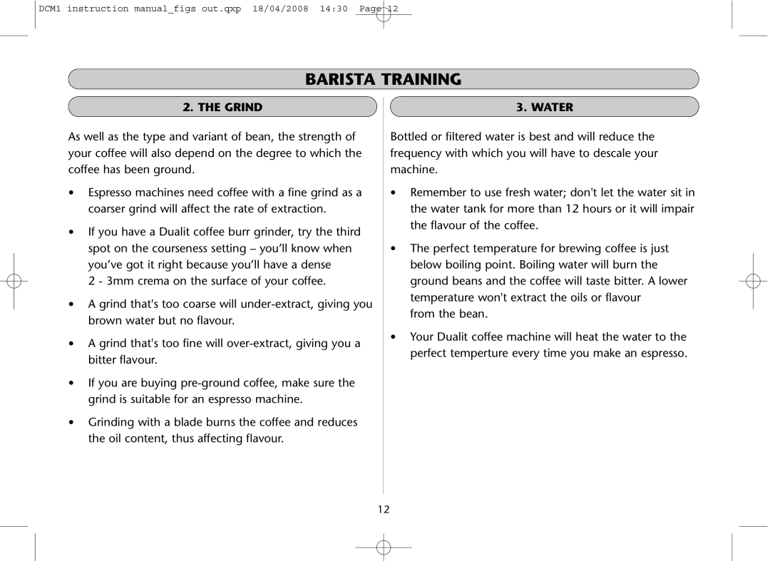 Dualit DCM1 instruction manual Grind, Water 